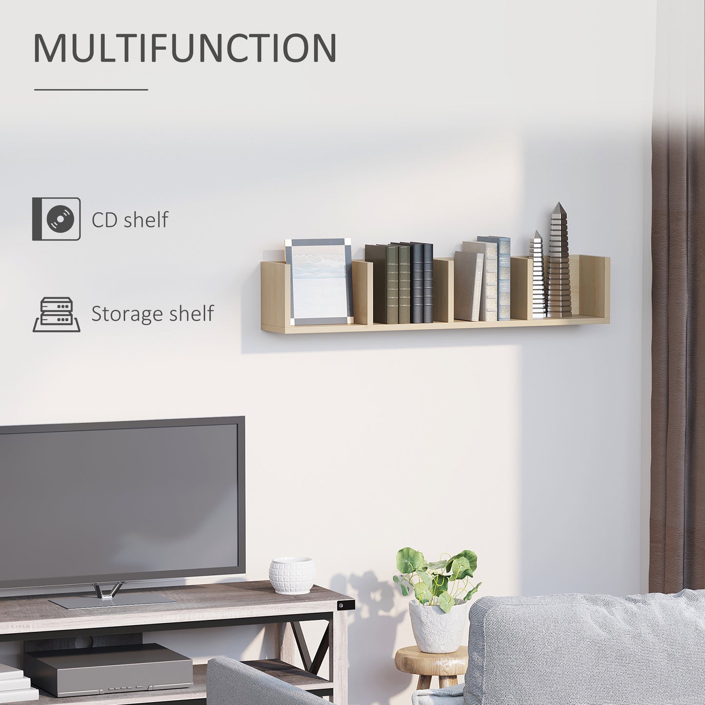 HOMCOM Wall Mount CD DVD Storage Rack With 4 Cubes Holds Up To 60 CDs Natural Wood Finish Set Of 2