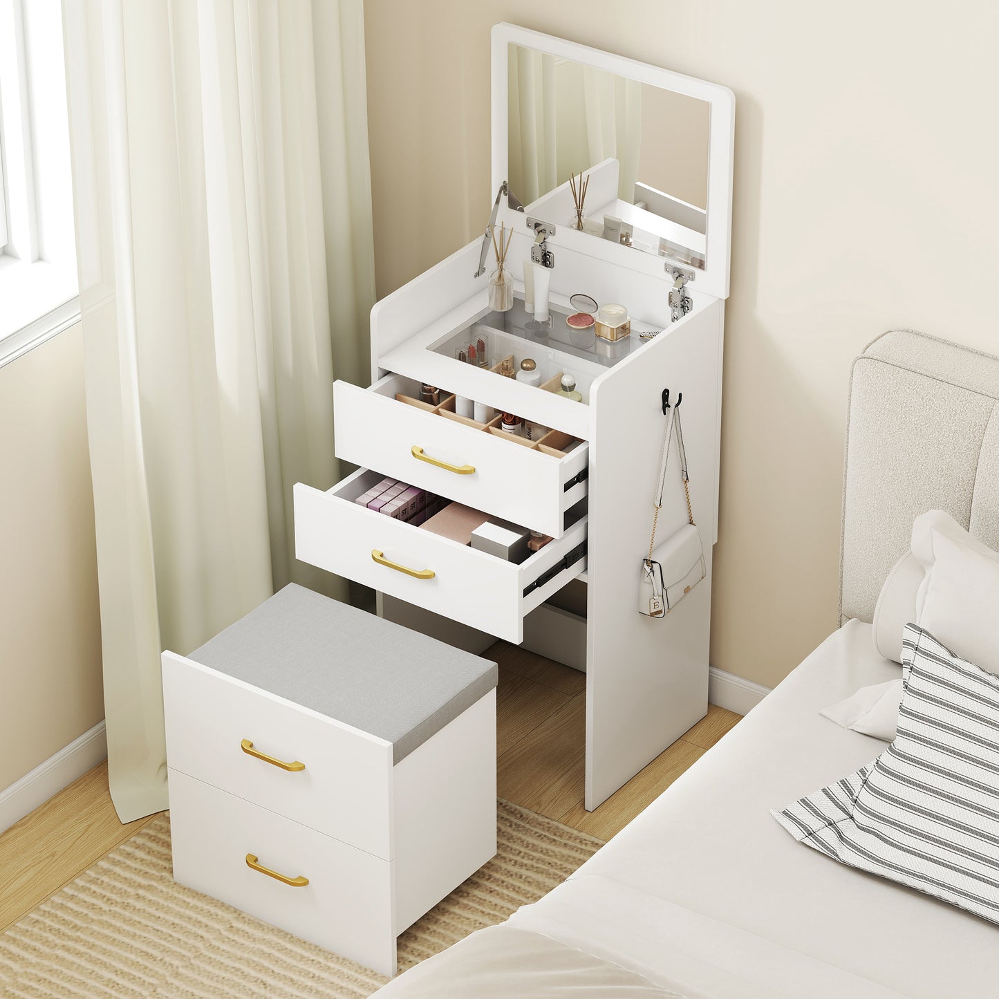 HOMCOM Compact Dressing Table And Stool Set With White Mirror And Storage Two Drawers And Eight Grid Storage