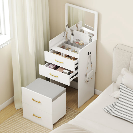HOMCOM Compact Dressing Table And Stool Set With White Mirror And Storage Two Drawers And Eight Grid Storage