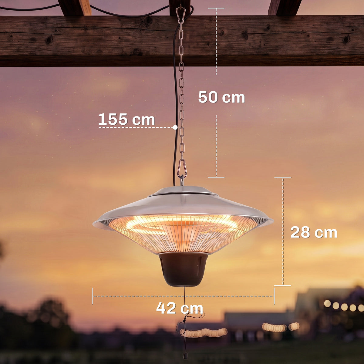 Ceiling-mounted halogen heater with chain suspension and visible size dimensions