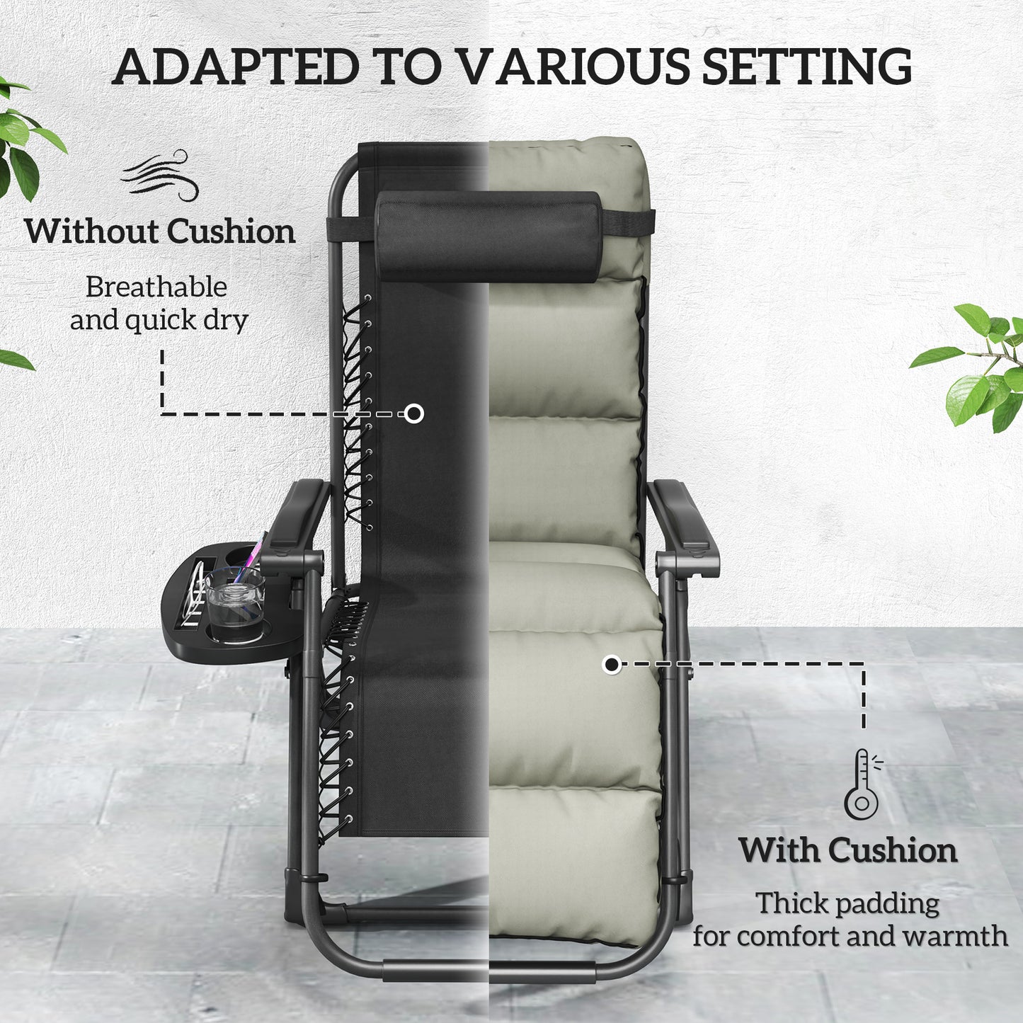 Outsunny Two Pack Adjustable Reclining Sun Loungers With 10 Cm Cushions In Grey For Outdoor Patio