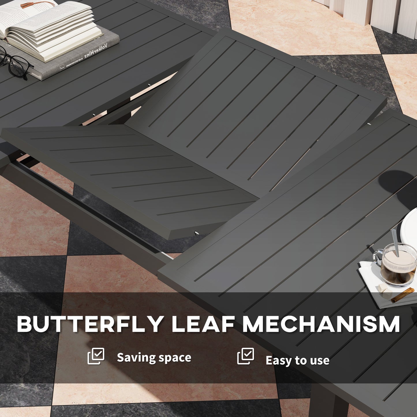 Outsunny Aluminium Extending Garden Table With Slatted Top And Butterfly Leaf For Six To Eight People Grey