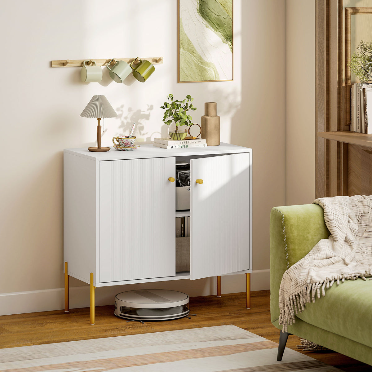 White fluted-door storage cabinet sideboard with open lower shelf and gold legs