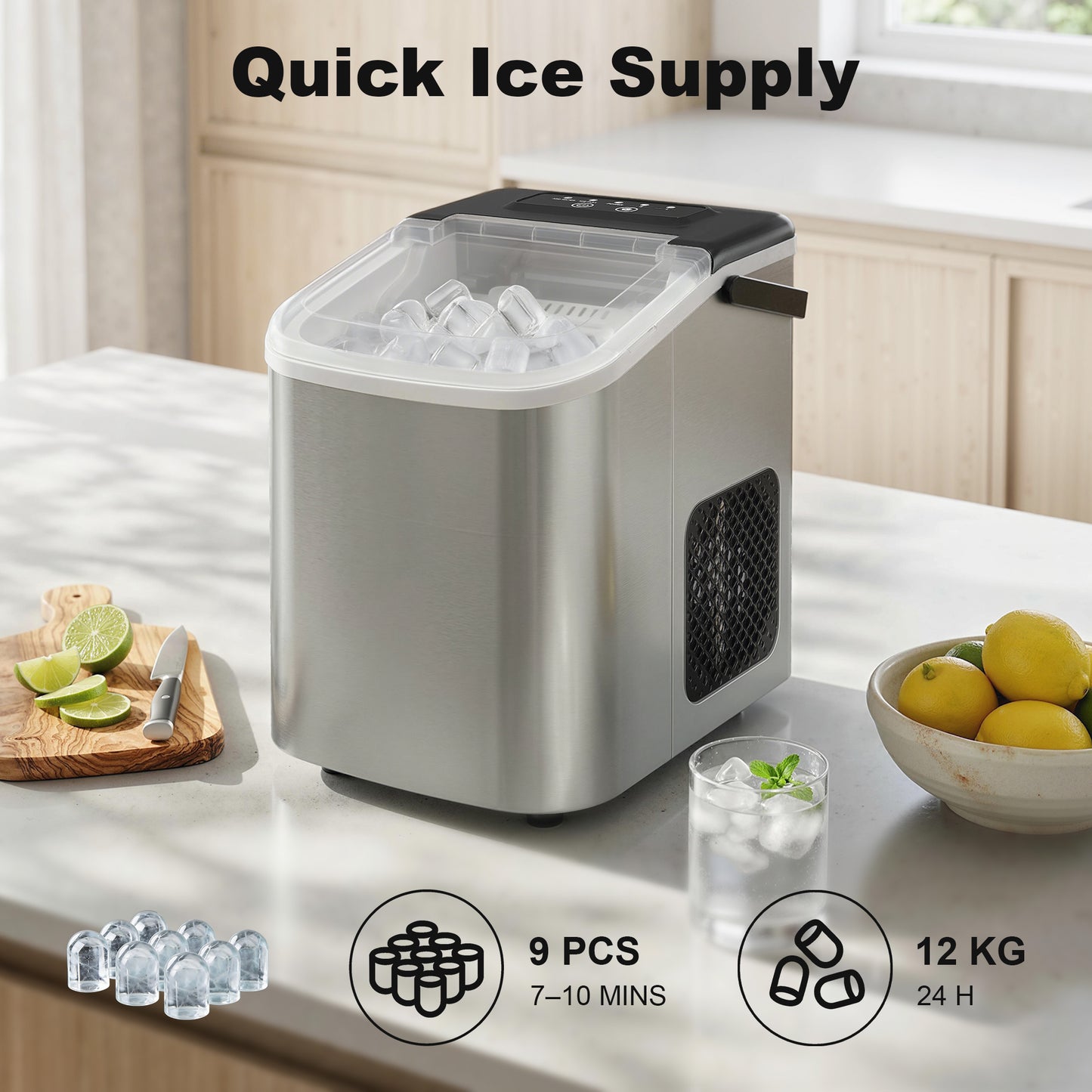 HOMCOM Ice Maker Countertop 9 Cubes in 7 Min 12 Kg per 24 Hours Self Cleaning Portable Handle Scoop Basket Two Ice Sizes
