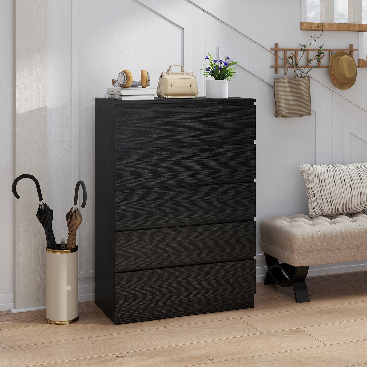 HOMCOM 5 Drawer Chest Of Drawers Modern Black Dresser With Anti Tip Device No Handle Rails For Bedroom Living Room