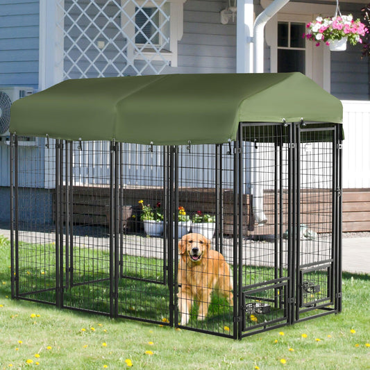 PawHut 8x4x6ft Green Outdoor Dog Kennel with Lockable Pet Playpen and UV-Resistant Canopy - ALL4U RETAILER LTD