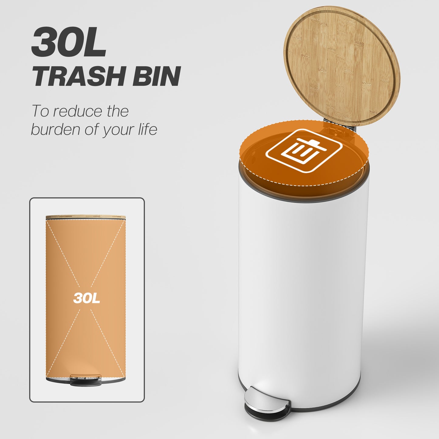 HOMCOM Kitchen Bin 30 Litre Pedal Bin With Removable Inner Bucket Soft Close Lid White And Natural
