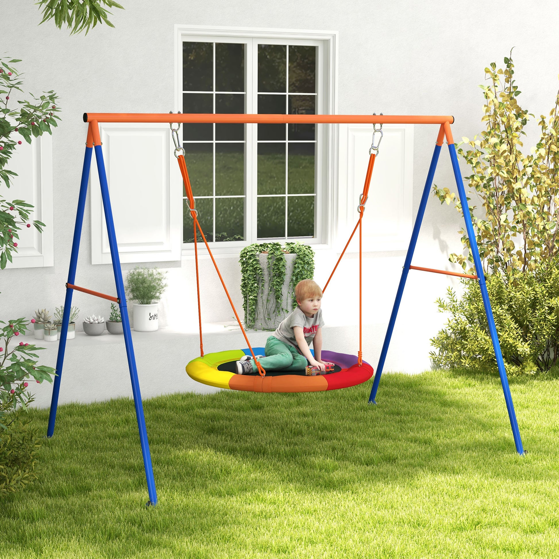 Outsunny Colorful A-Frame Metal Nest Swing Set for Kids - Dual Seat Outdoor Fun - ALL4U RETAILER LTD