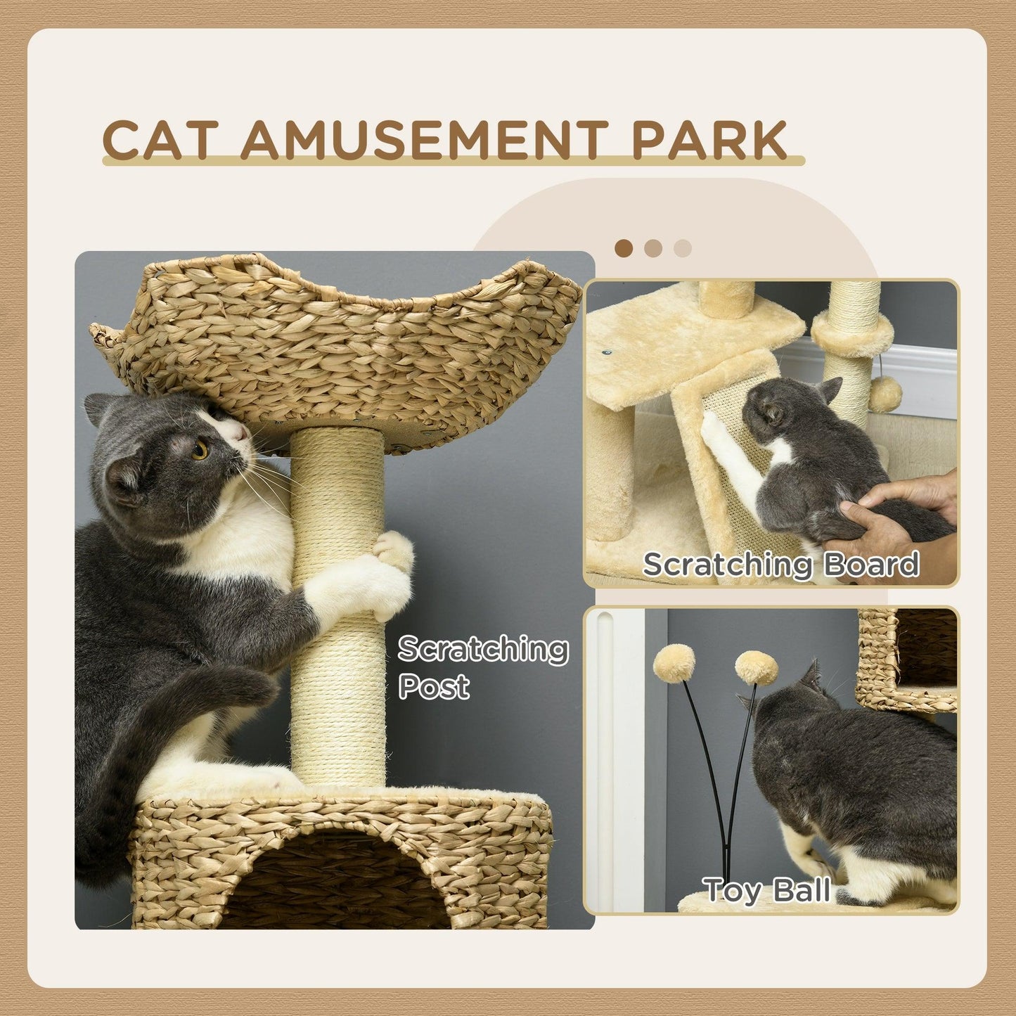 PawHut Cat Tree Tower with Scratching Post and Toy Ball - Beige - ALL4U RETAILER LTD