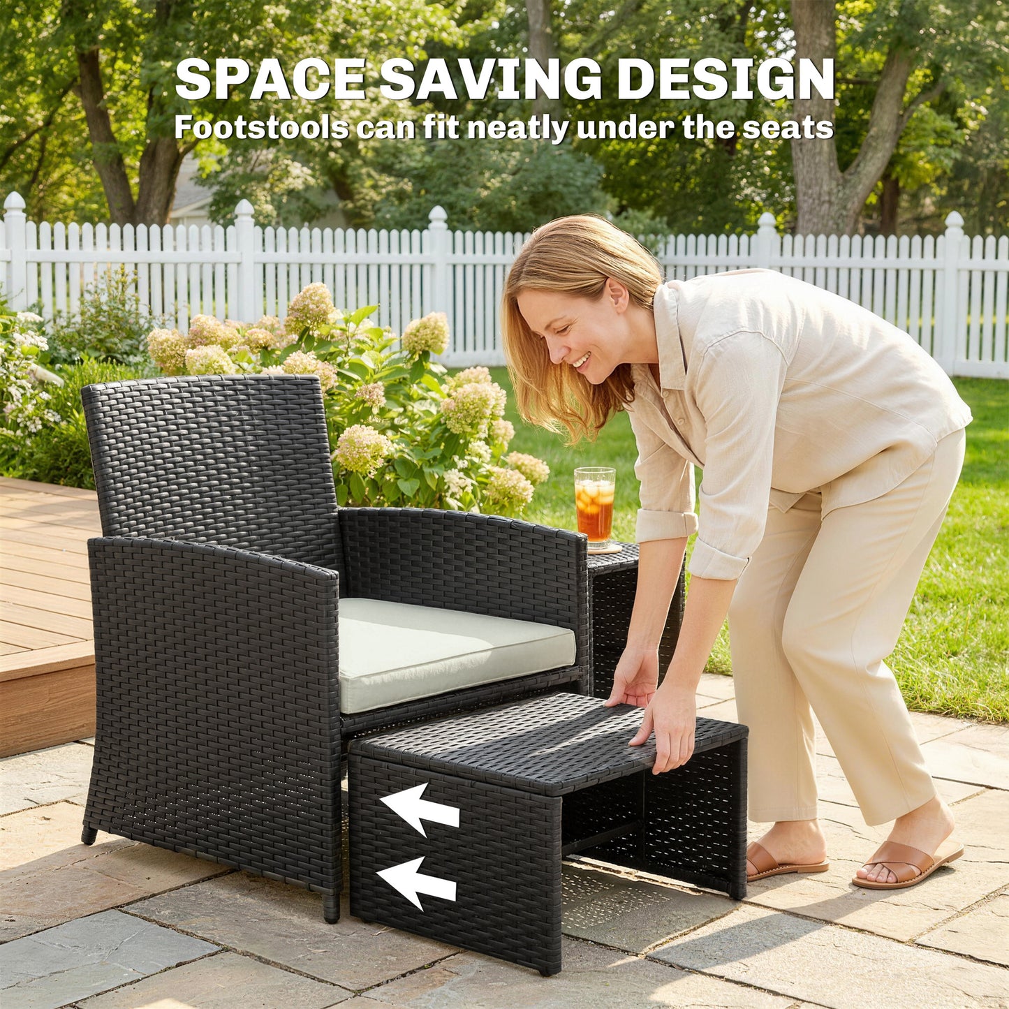 Outsunny 6 Piece Rattan Garden Furniture Set Space Saving Patio With Nesting Tables Chairs Stools Cushions Black