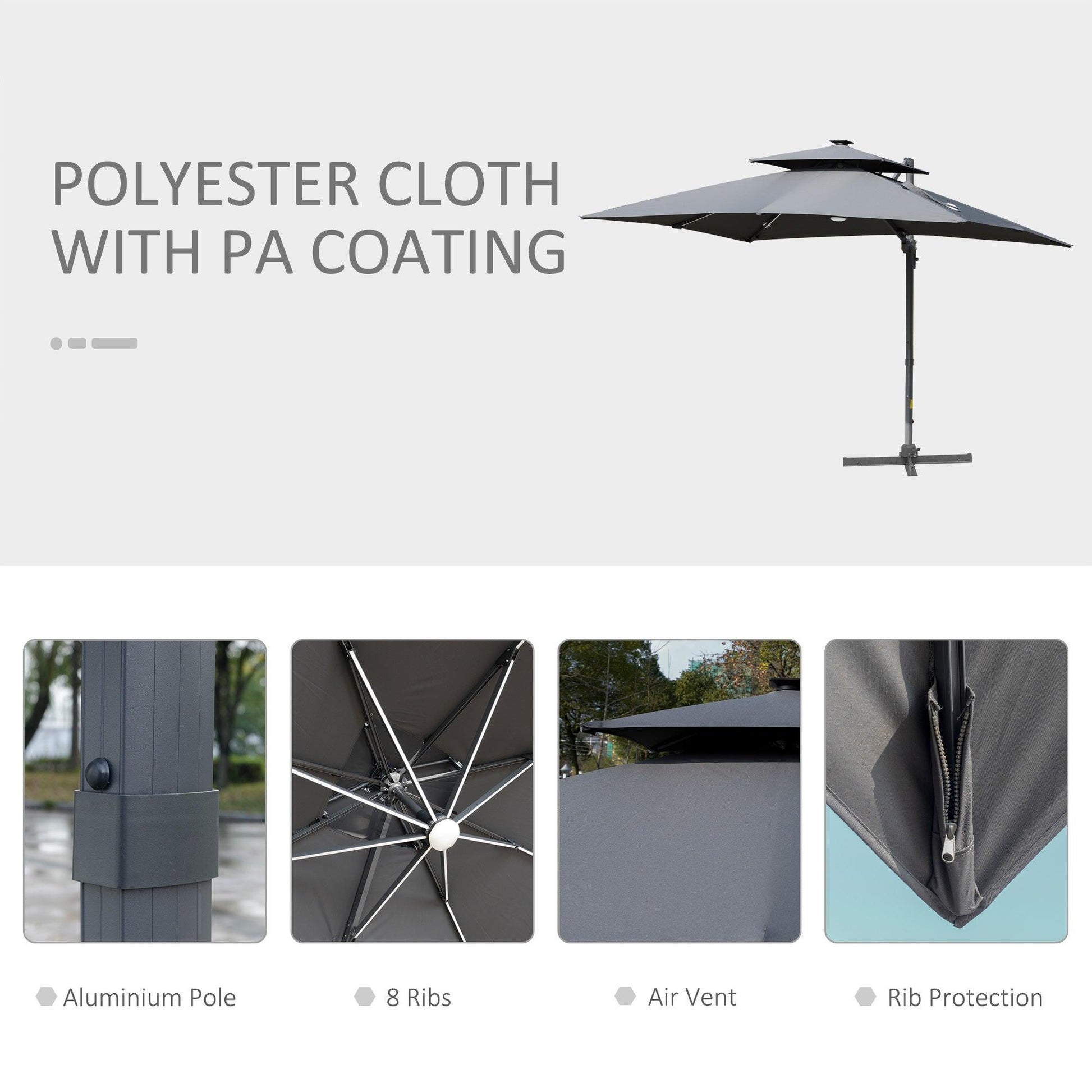 Outsunny 3m Cantilever Parasol with Solar LED Lights, Grey - ALL4U RETAILER LTD