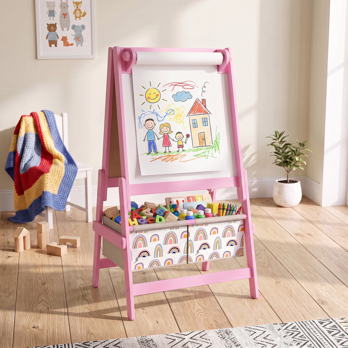 Pink kids art easel with paper roll whiteboard, storage shelf, and chalk tray