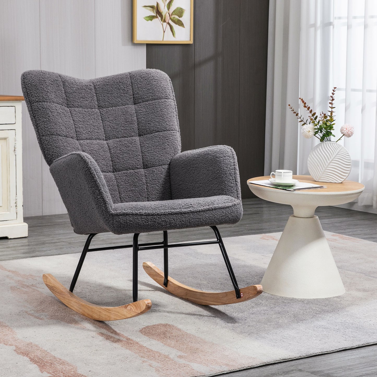 HOMCOM Living Room Furniture Set With Wingback Rocking Chair And Two Nesting Coffee Tables In White And Dark Grey