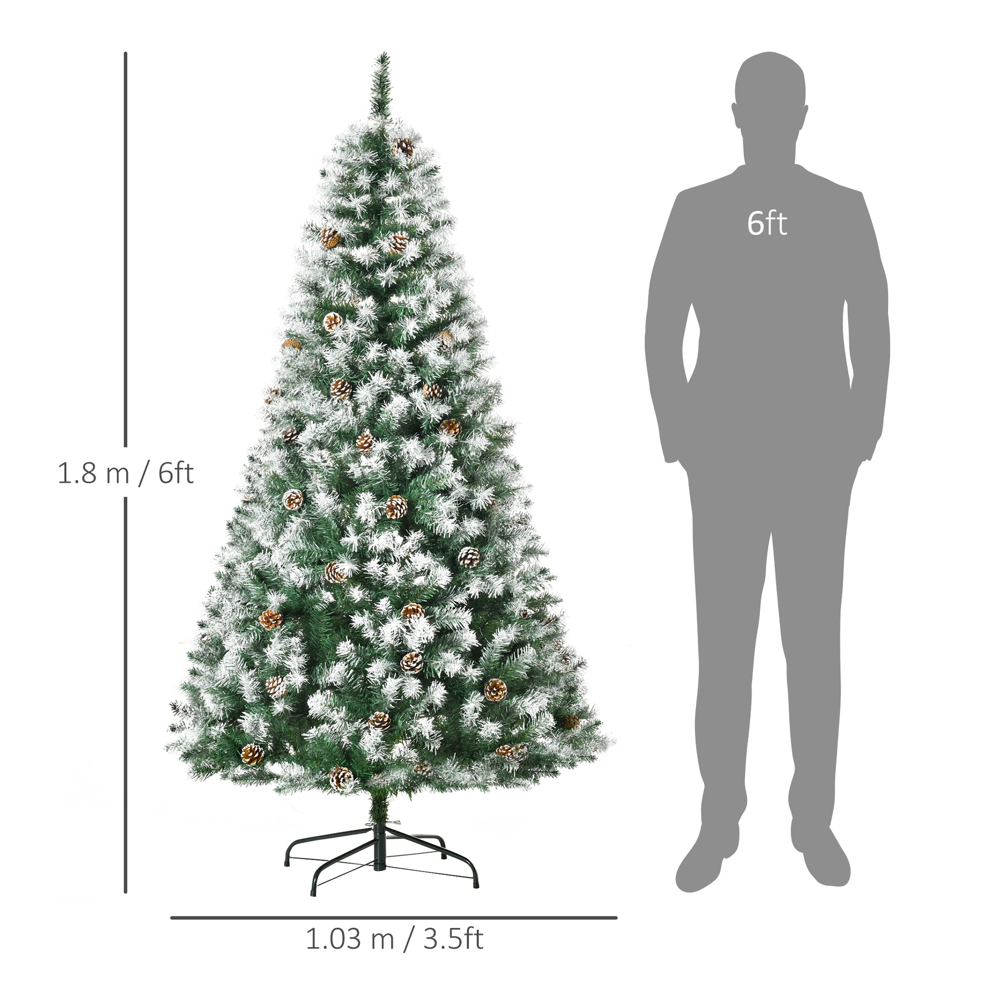 HOMCOM 6FT Snow-Flecked Artificial Christmas Tree with Pine Cones - Automatic Open Holiday Decoration in Green - ALL4U RETAILER LTD