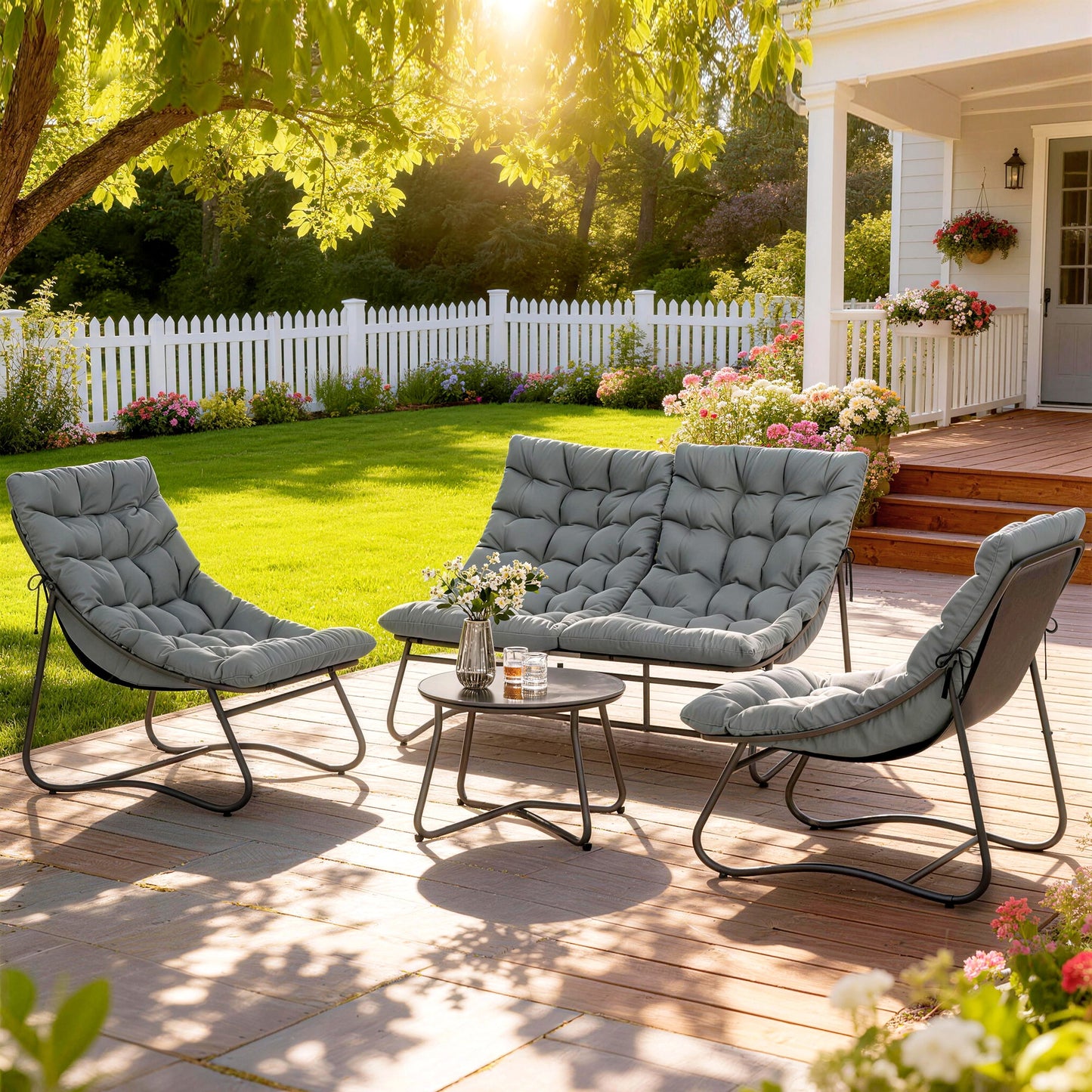 Outsunny Four Piece Curved Seat Garden Sofa Set With Table Outdoor Grey And Black