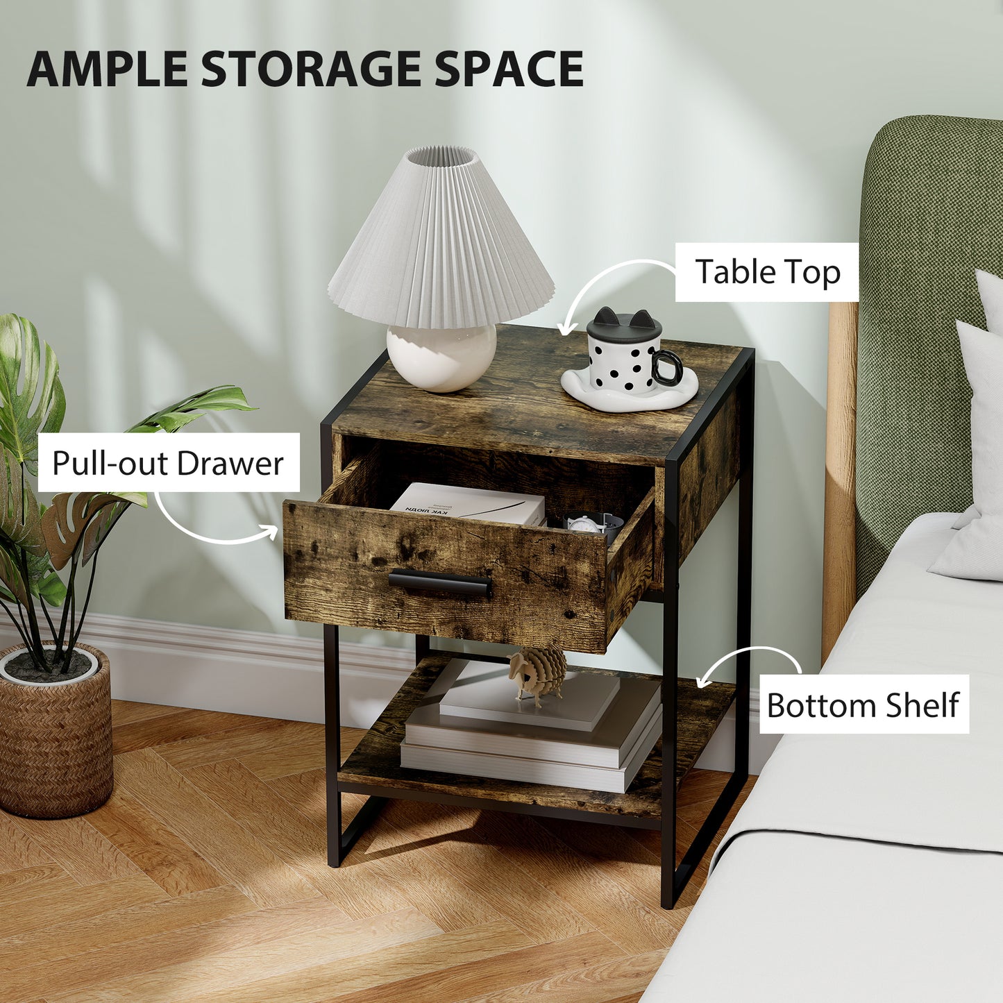 HOMCOM Modern Bedside Table With Drawer And Shelf In Rustic Brown And Black Frame