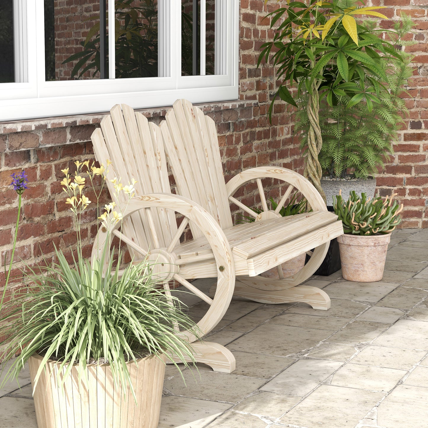 Outsunny Fir Wood Love Seat With Wheel Shaped Armrests Outdoor Patio Chair For Two People Natural Wood Finish