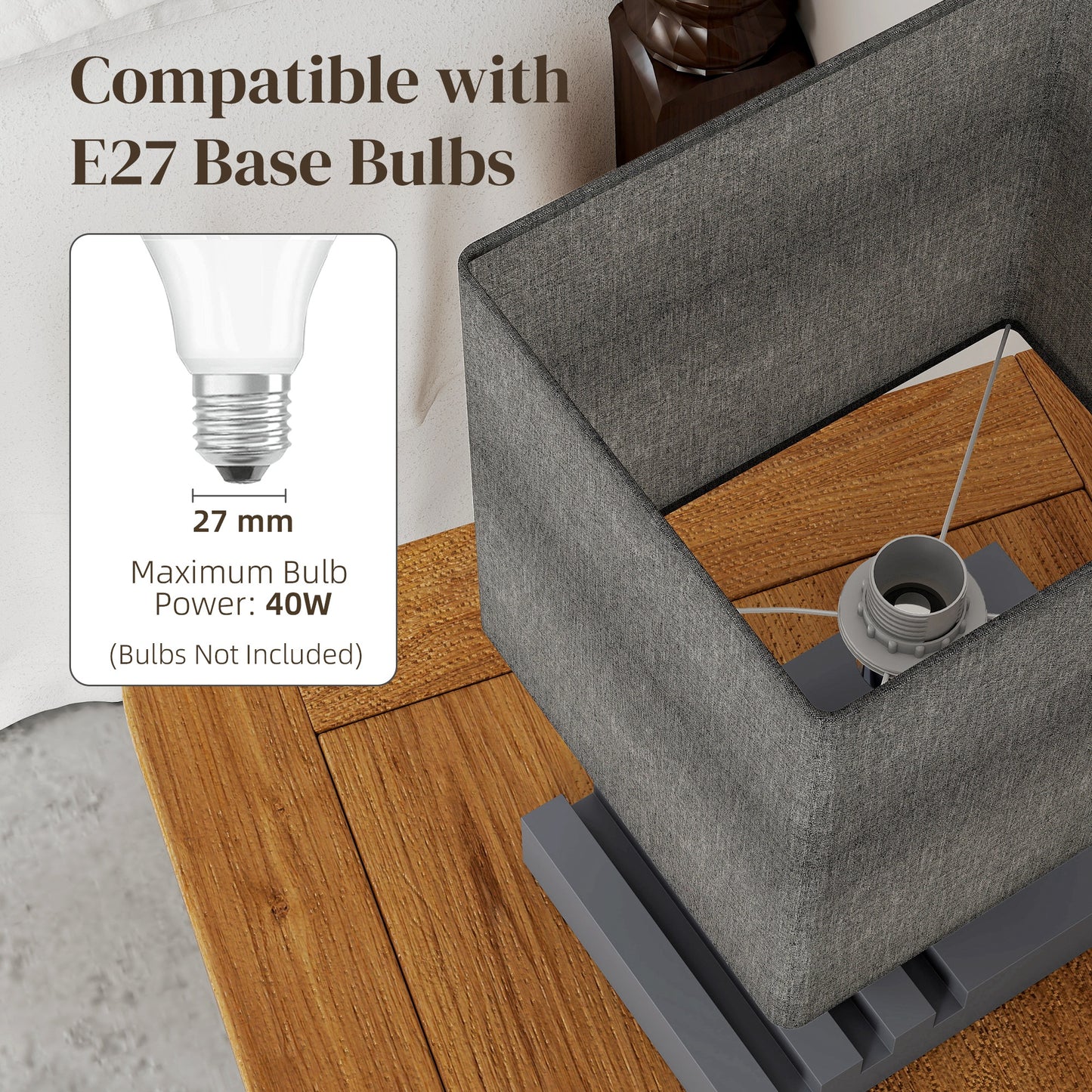 HOMCOM Bedside Lamp With USB A And USB C Ports Three Phone Stands E27 Socket Solid Wood Base Fabric Shade Grey
