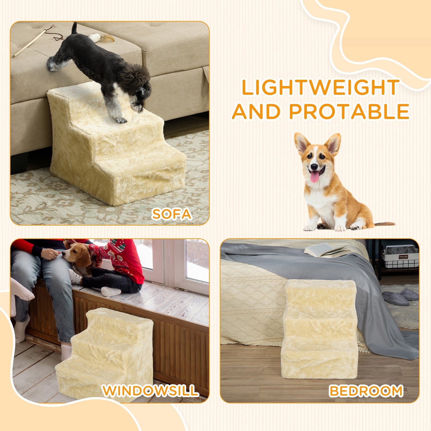 PawHut Pet Stairs for Small Dogs and Cats - 3-Step Plush Access for Sofas and Beds - Beige