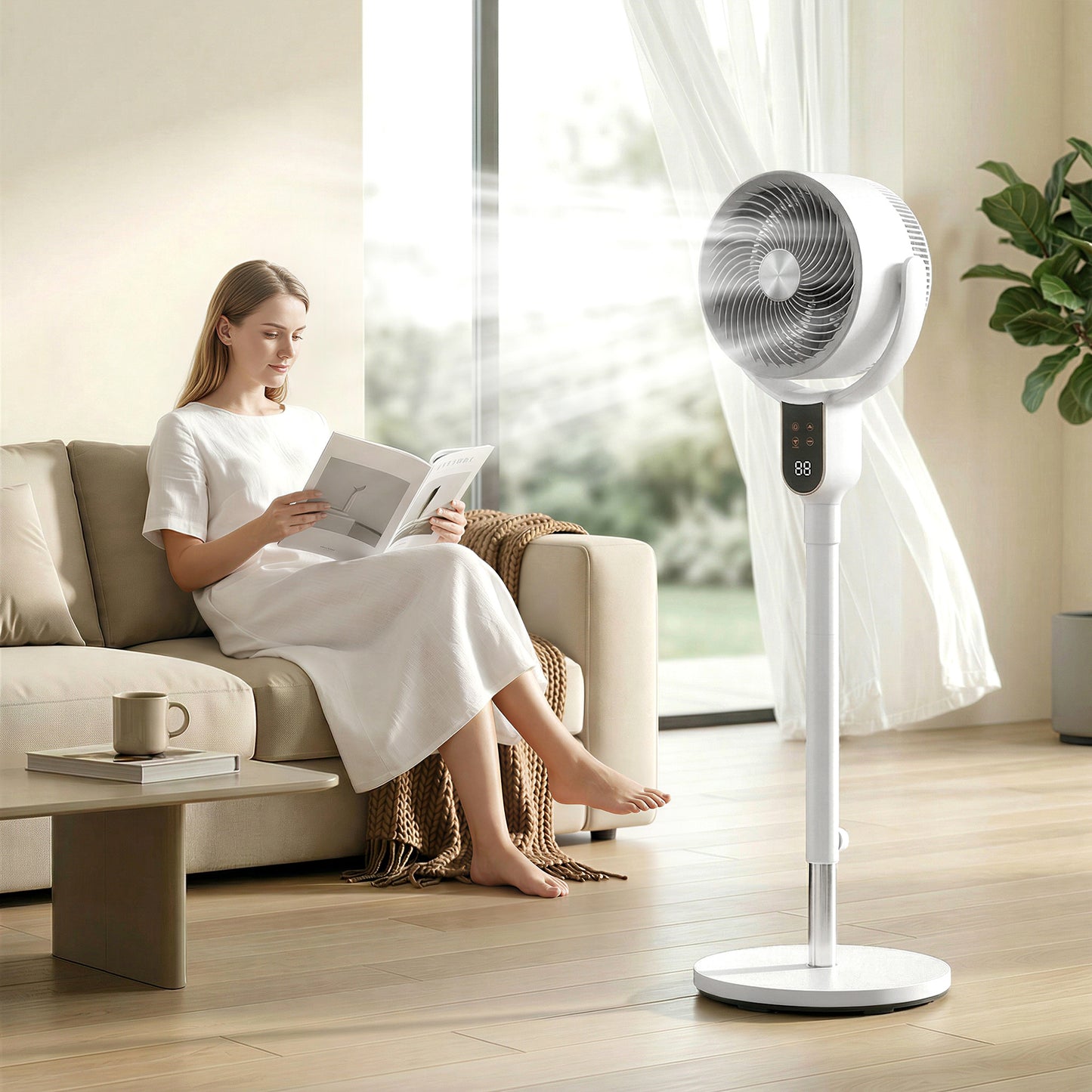HOMCOM 42 Inch Silent Standing Pedestal Fan With Remote Control 90 Degree Oscillation 8 Speed Settings White