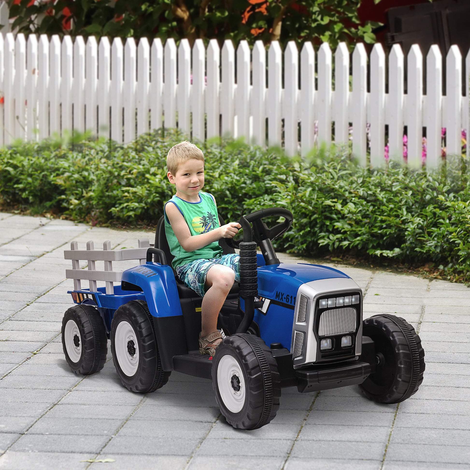 HOMCOM Electric Ride on Tractor with Detachable Trailer 12V Kids Battery Powered Electric Car with Remote Control Music Start up Sound Blue - ALL4U RETAILER LTD