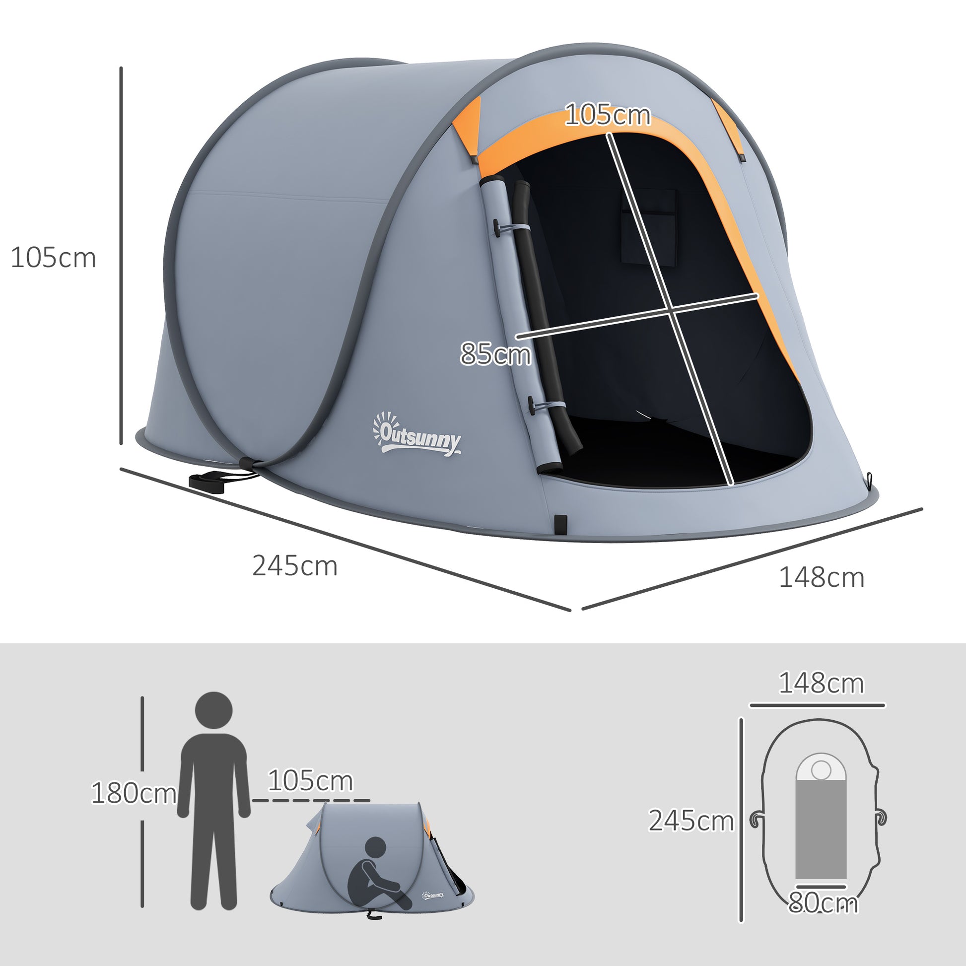 Outsunny Waterproof 2-Person Instant Pop-Up Tent with Carry Bag for Outdoor Adventures, Grey and Orange - ALL4U RETAILER LTD