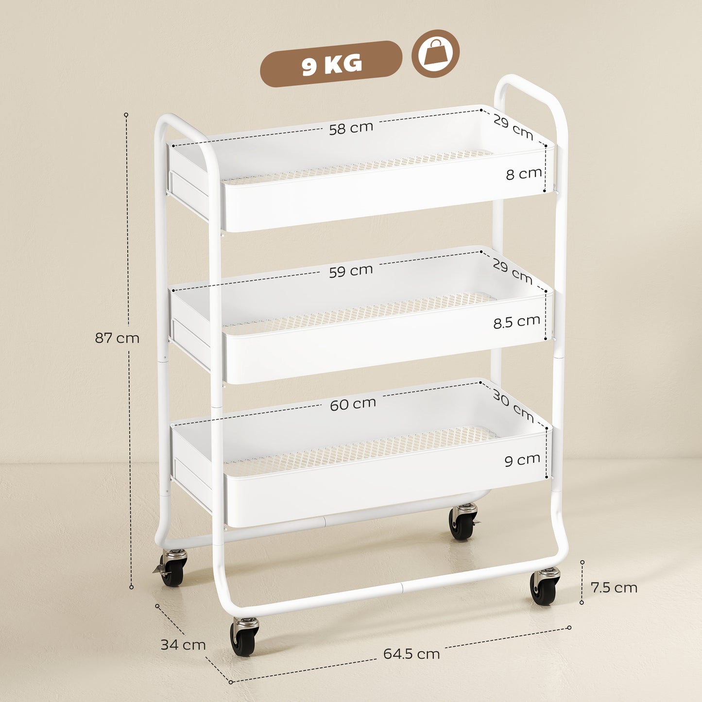 HOMCOM 3 Tier Storage Trolley on Wheels Rolling Utility Cart with Mesh Baskets for Kitchen Bathroom and Bedroom White