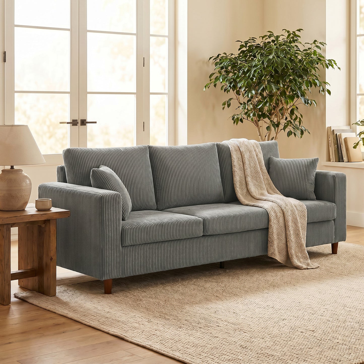 HOMCOM Three Seater Sofa With Wide Deep Seat Corduroy Upholstery Pocket Spring Cushion Support In Light Grey