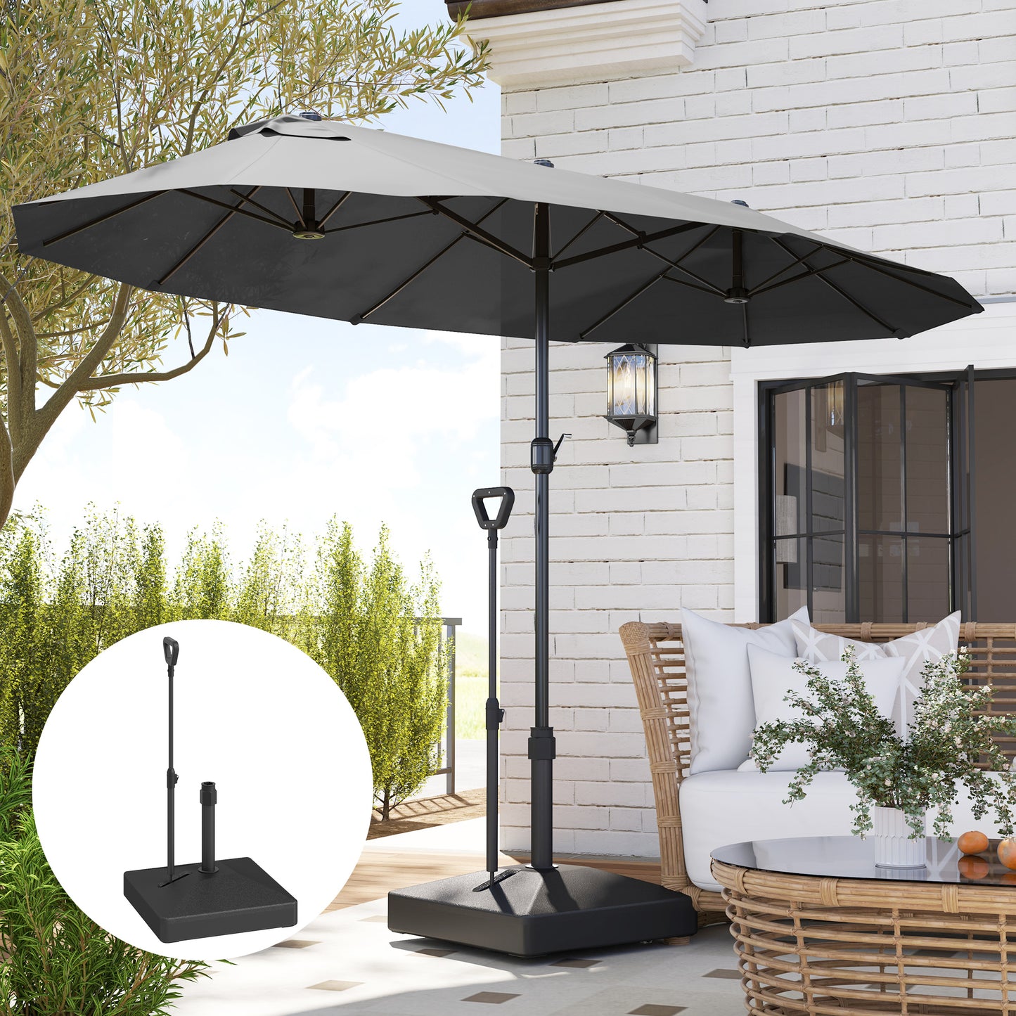 Outsunny Parasol Base With Wheels And Handle, 55kg With Stand Or 45kg With Water, Fits 35 38 48mm Poles, Black
