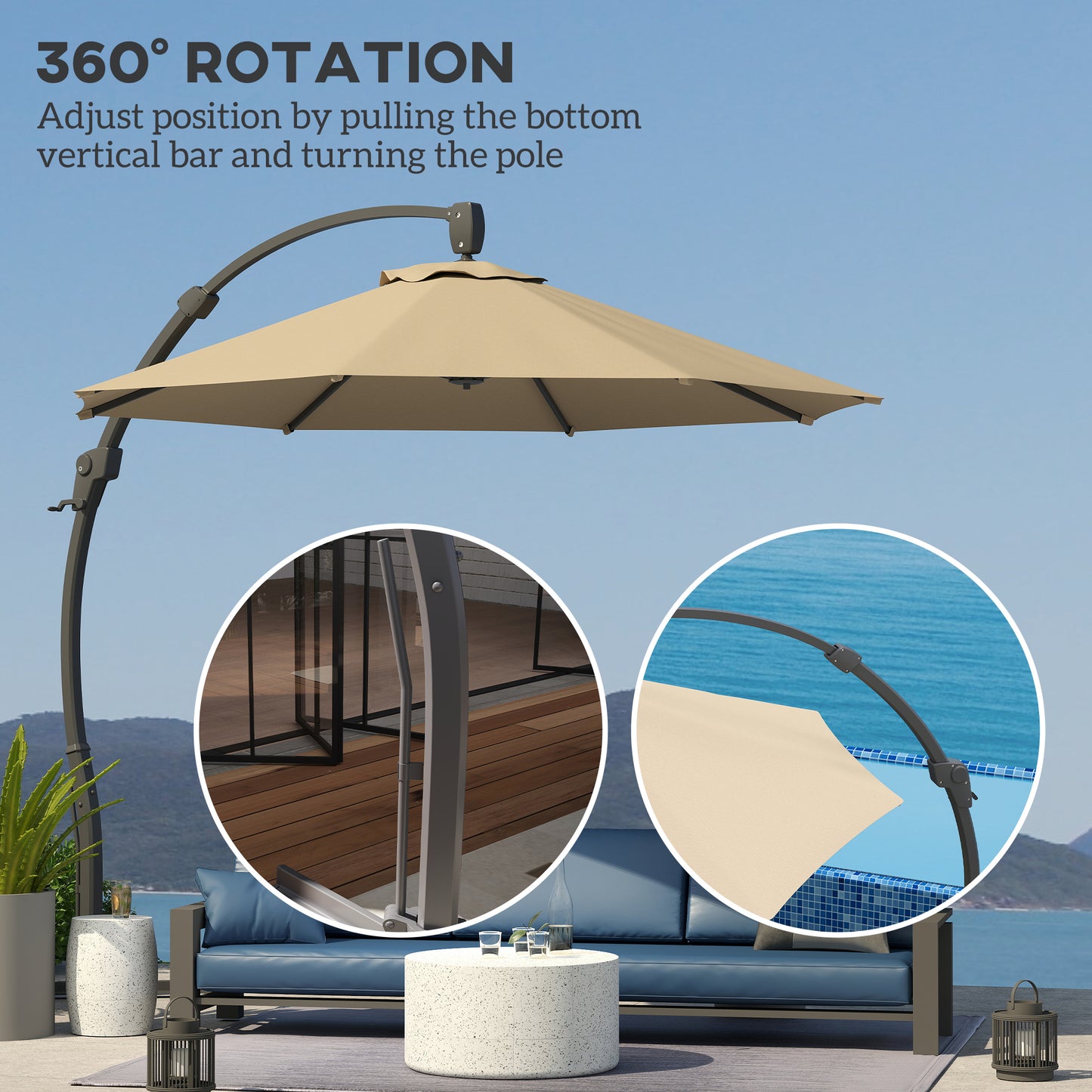Outsunny 3M Garden Cantilever Parasol With Crank Round Umbrella Aluminium Frame Cross Base 360 Rotation Khaki