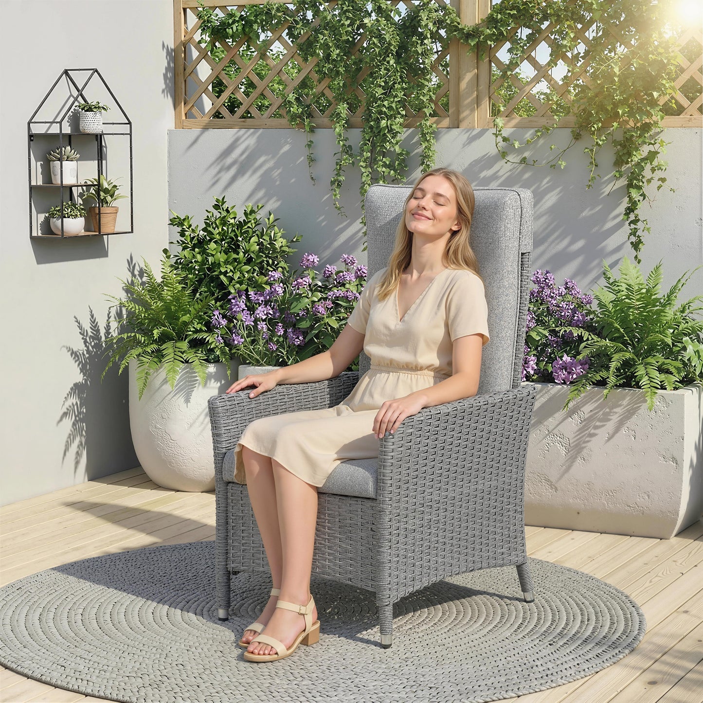 Outsunny 105 To 150 Degree Reclining Rattan Chair With Cushioned Seat Outdoor Light Grey