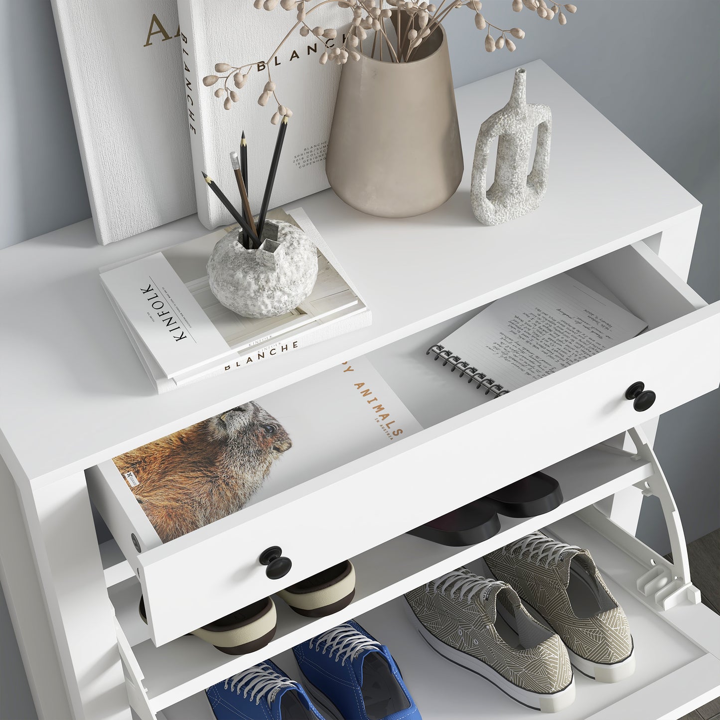 HOMCOM Narrow Shoe Cabinet With Two Flip Drawers And Adjustable Shelves White Slim Design