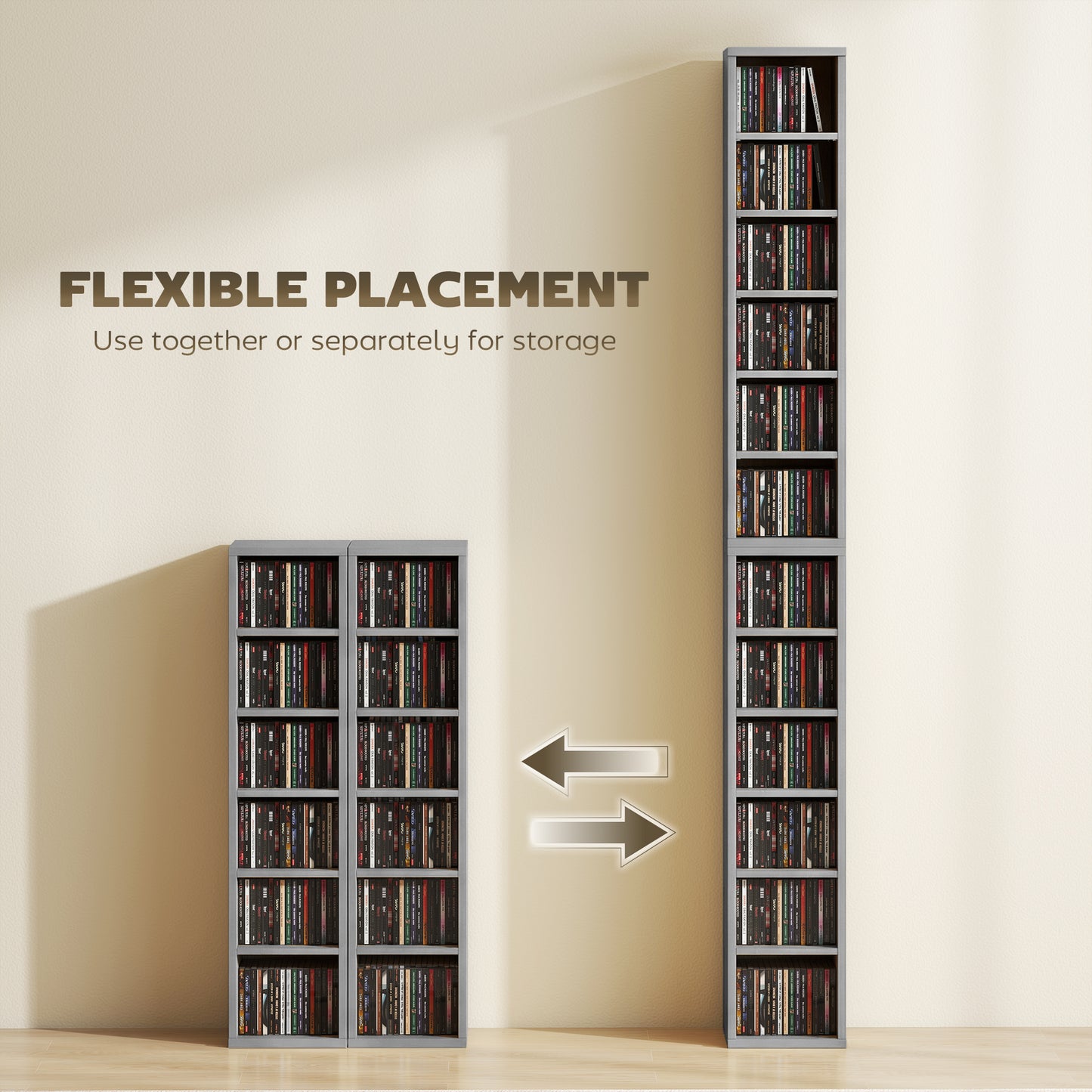 HOMCOM Set of 2 CD Media Display Shelves With Adjustable Shelves Tower Rack Light Grey