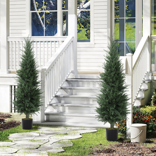 HOMCOM Set Of Two Artificial Cypress Trees In Cement Pots Green UV Resistant Durable Plastic Indoor Outdoor Decor