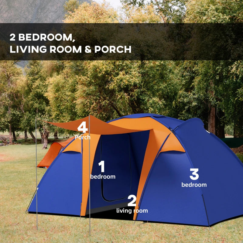 Outsunny Camping Tent with 2 Bedrooms, Living Area, and Porch - 4-6 Person Large Tunnel Tent, 2000mm Waterproof, Portable with Bag - ALL4U RETAILER LTD