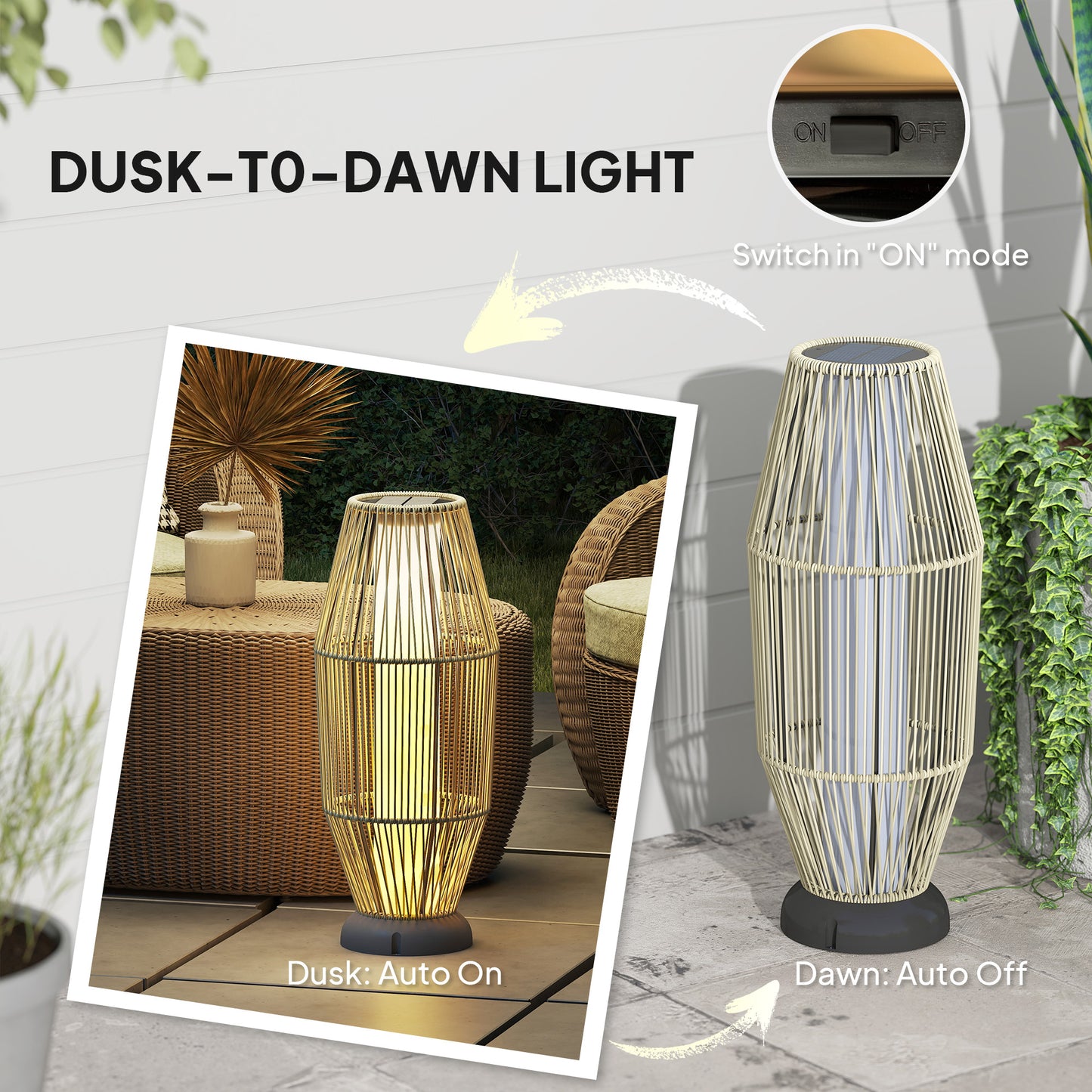 Outsunny Garden Rattan Lamp 72 cm Tall Solar Floor Lamp LED Auto On Off IP44 Outdoor Grey