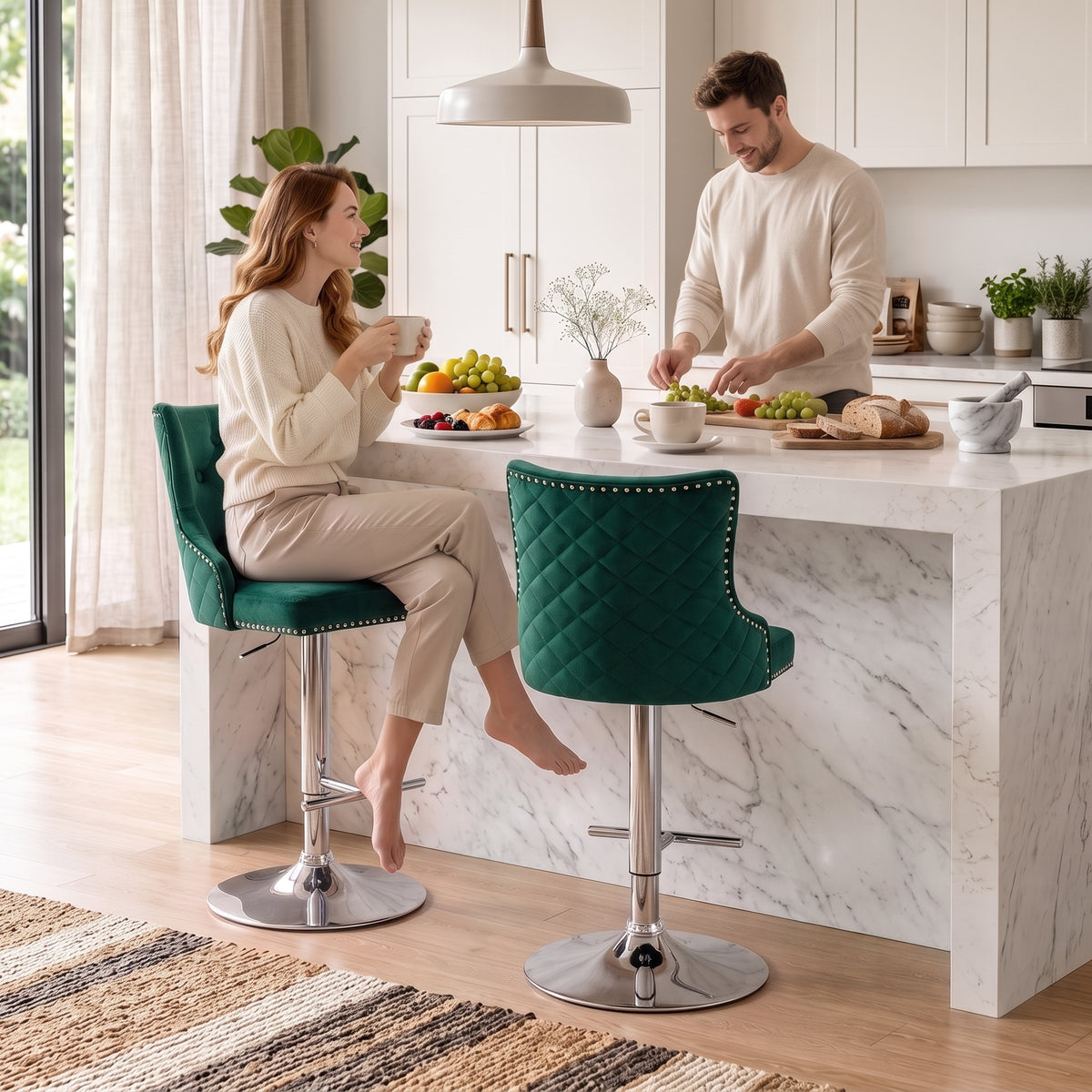 Set of 2 green velvet swivel bar stools with button-tufted back and round chrome base