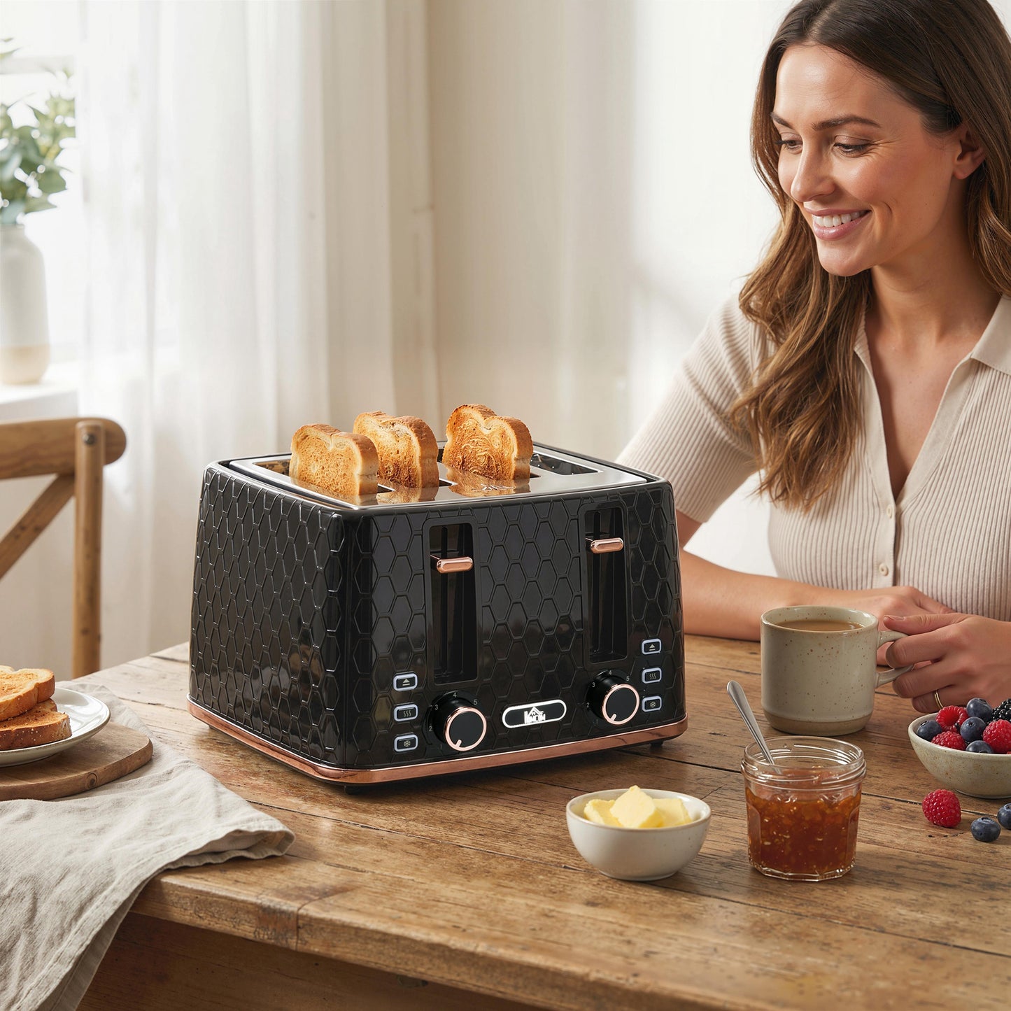4 Slice Toaster With 7 Browning Levels High Lift Reheat Defrost Cancel Self Centring Crumb Tray 1600W Black Honeycomb