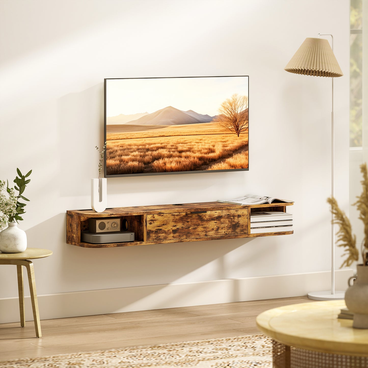 HOMCOM 120 Cm Floating TV Unit for Up To 50 Inch TVs Rustic Brown Wall Mount Cabinet with Concealed Cables and Drawer