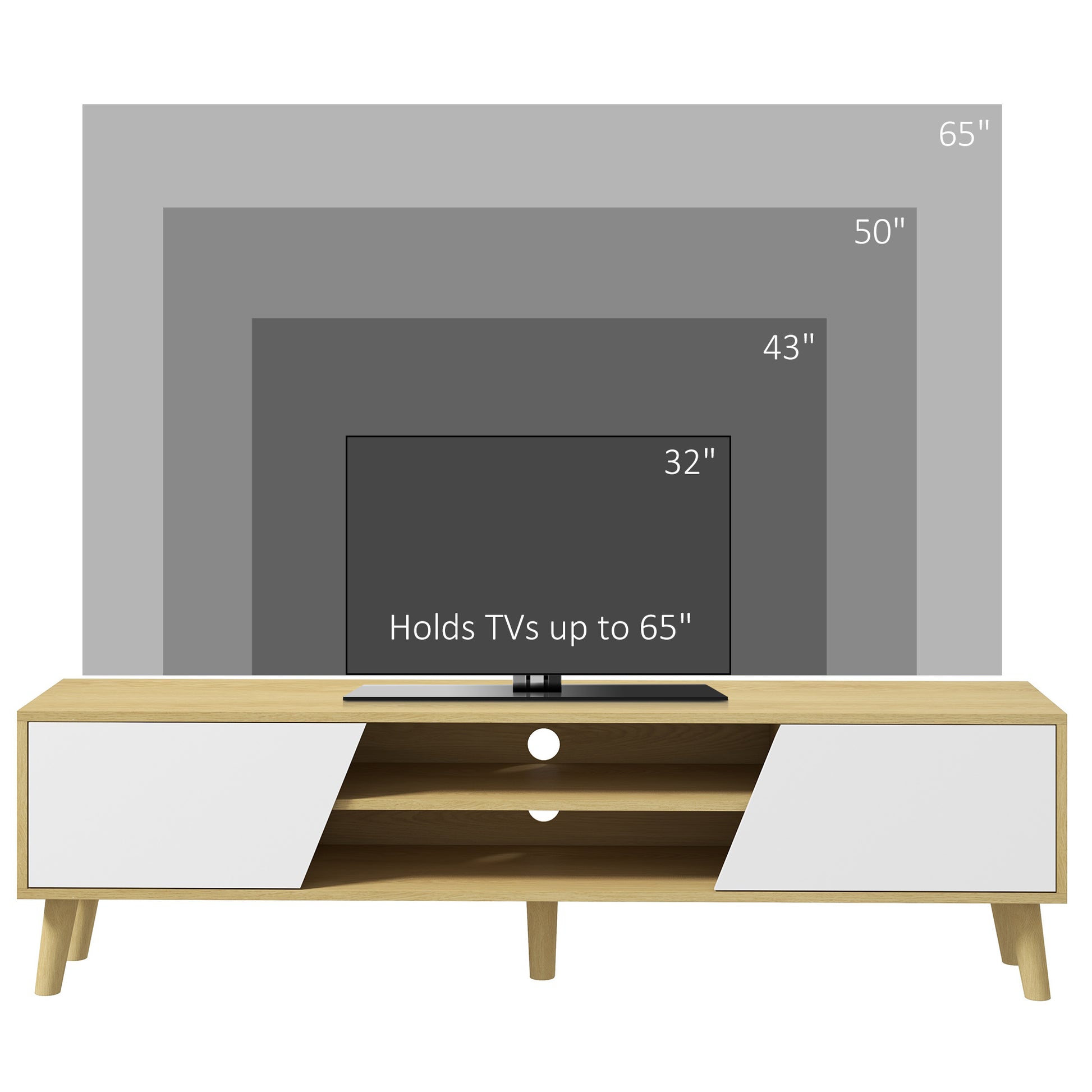 HOMCOM Modern Oak and White TV Stand Cabinet for TVs up to 65" with Storage Shelves and Soft Closing Doors, Ideal for Living Room or Bedroom - ALL4U RETAILER LTD