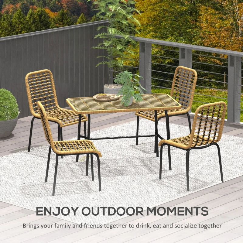 Outsunny 5-Piece Rattan Outdoor Dining Set - Patio Conservatory Furniture with Tempered Glass Tabletop and Hollowed-Out Design, Natural Wood Finish - ALL4U RETAILER LTD