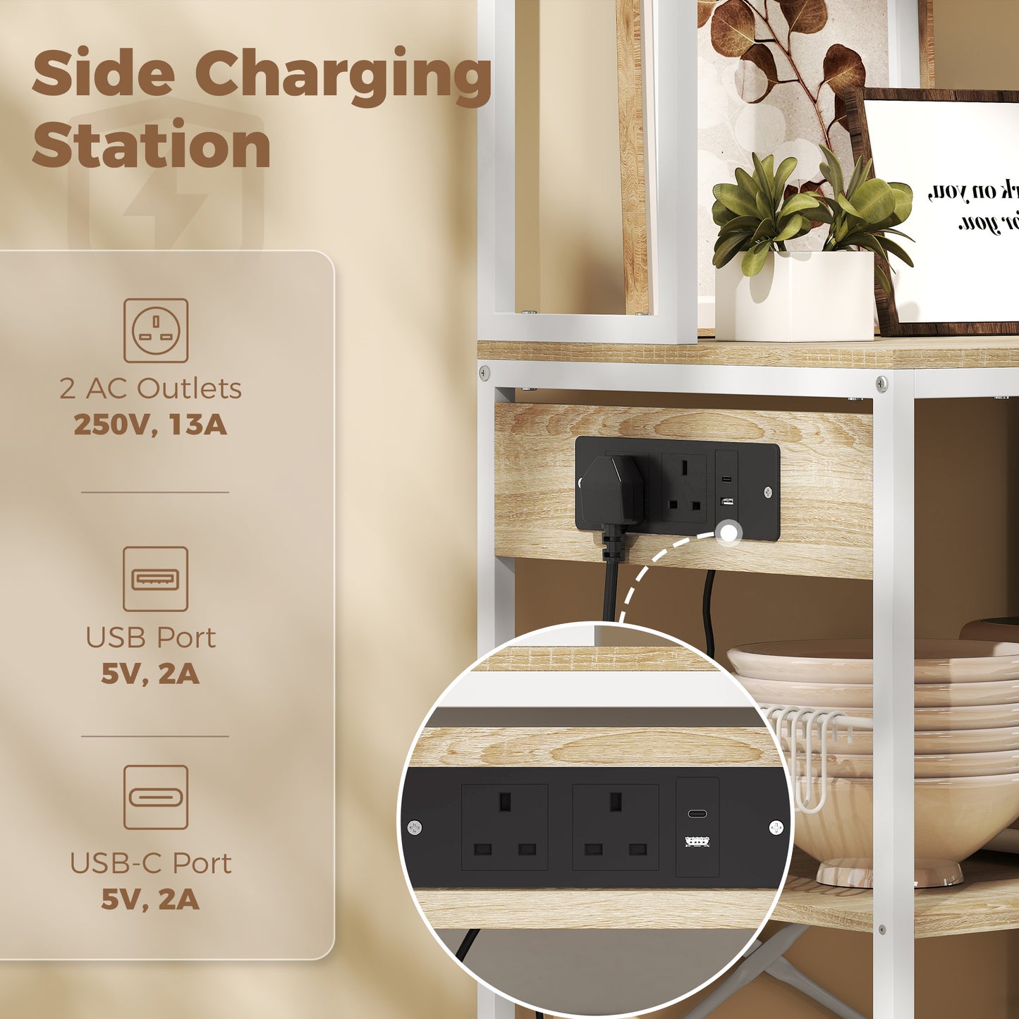 HOMCOM Kitchen Baker's Rack With Microwave Stand And Storage Shelves USB-C Charging Station 6 Hooks For Small Spaces