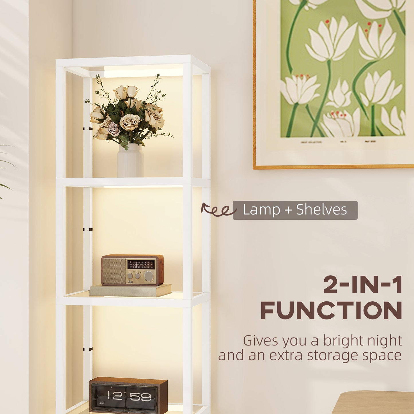 HOMCOM White Four Shelf Floor Lamp With Tempered Glass Shelves And Adjustable Warm White LEDs