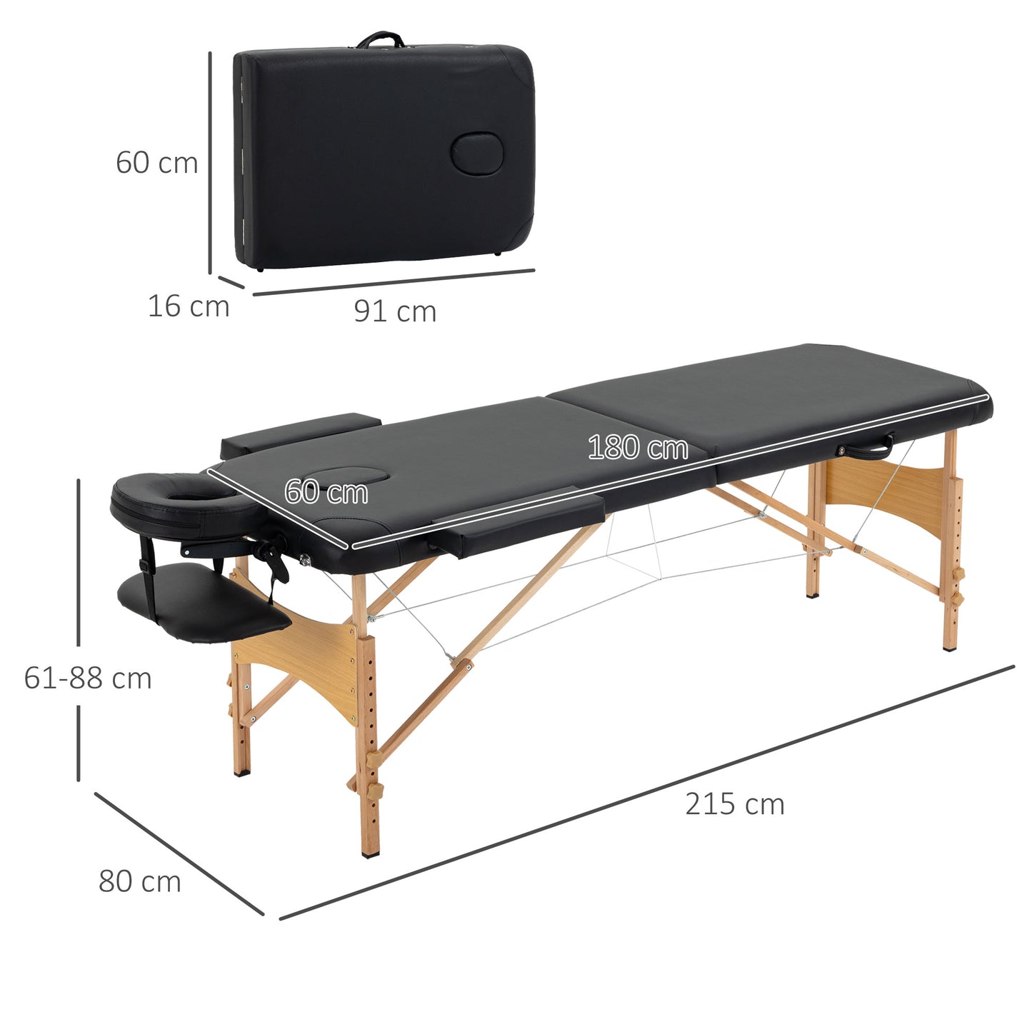 HOMCOM Folding Black Massage Table with Carry Bag and Wooden Frame for Home and Travel - ALL4U RETAILER LTD