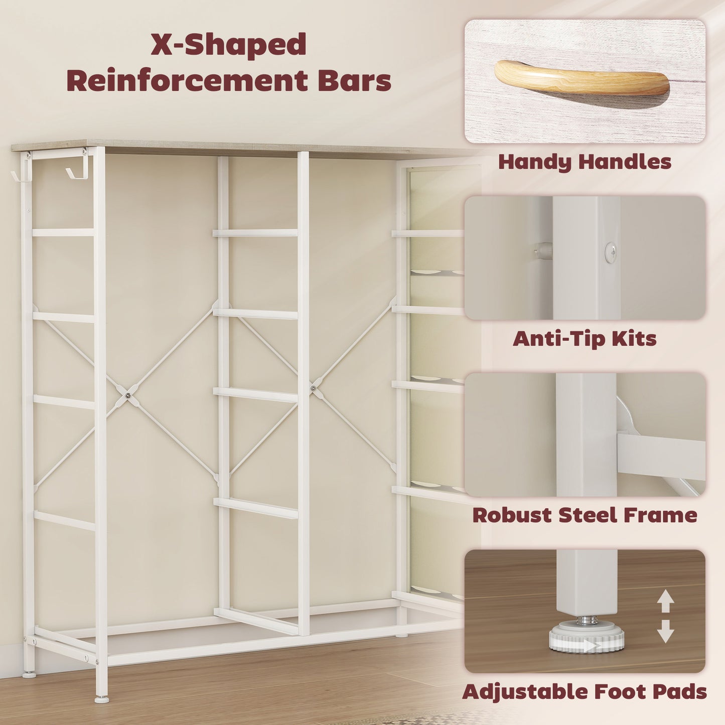 HOMCOM Ten Fabric Drawer Chest With Steel Frame And Side Pockets And Two Hooks Natural Wood Finish