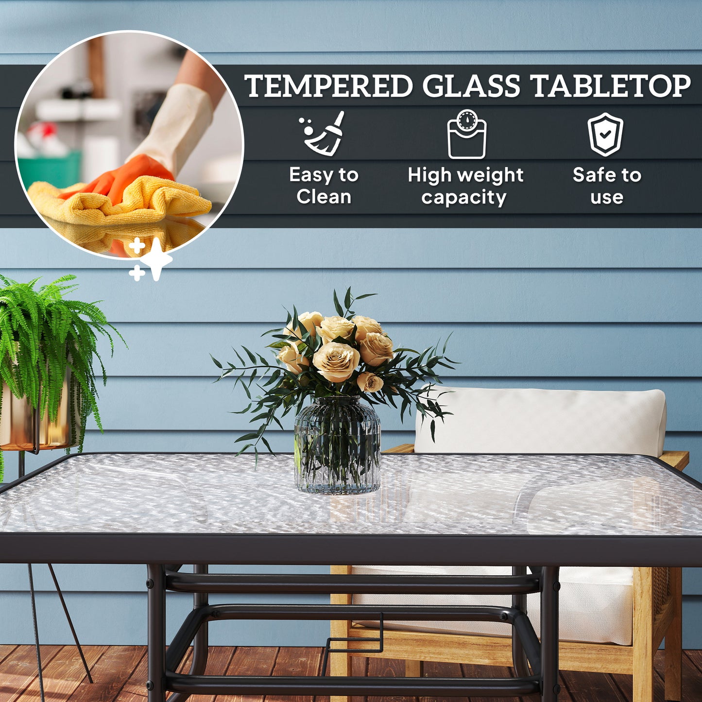 Outsunny Square Garden Dining Table With Tempered Glass Top And Umbrella Hole 100 X 100 Cm
