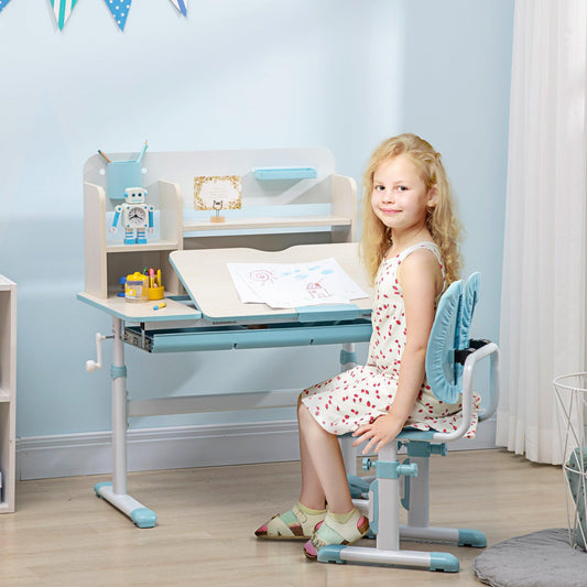 HOMCOM Kids Desk and Chair Set with Storage Shelves, Washable Cover - Blue - ALL4U RETAILER LTD