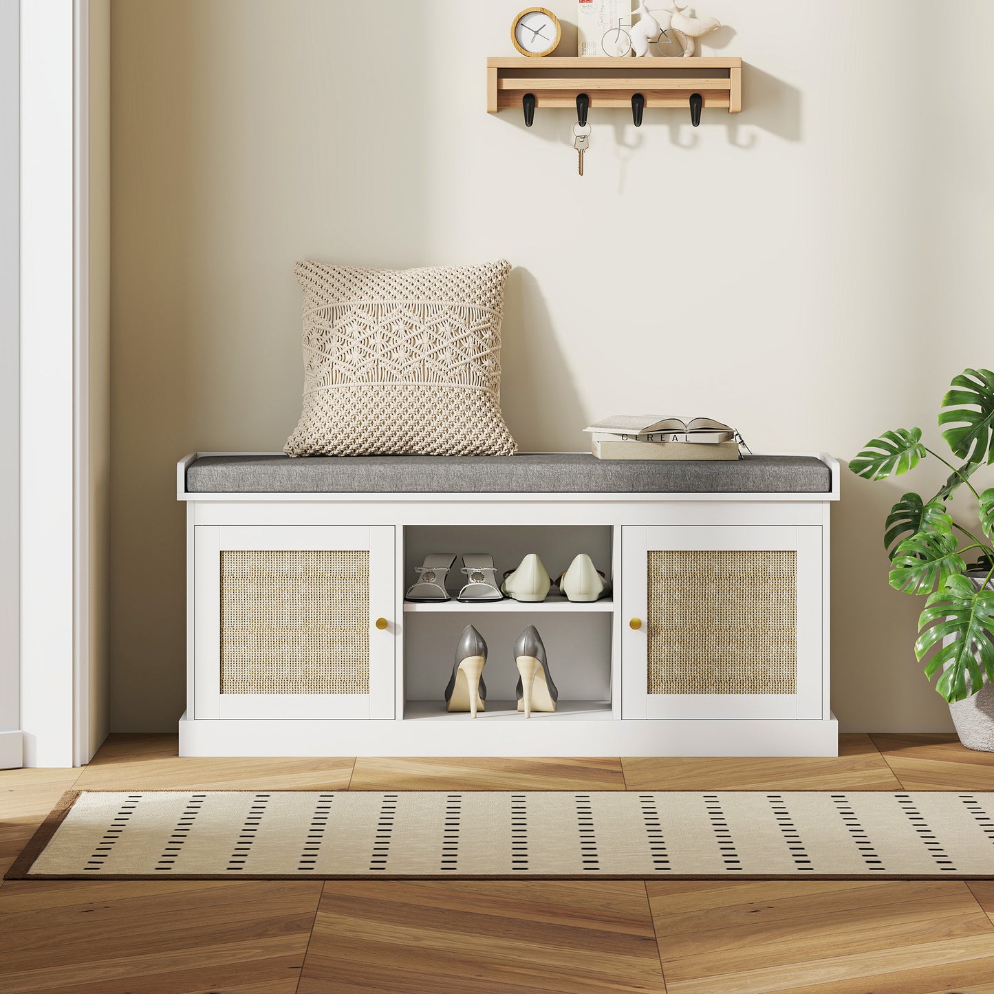 HOMCOM Boho Shoe Storage Bench With Padded Cushion And Rattan Doors Holds Up To Nine Pairs White