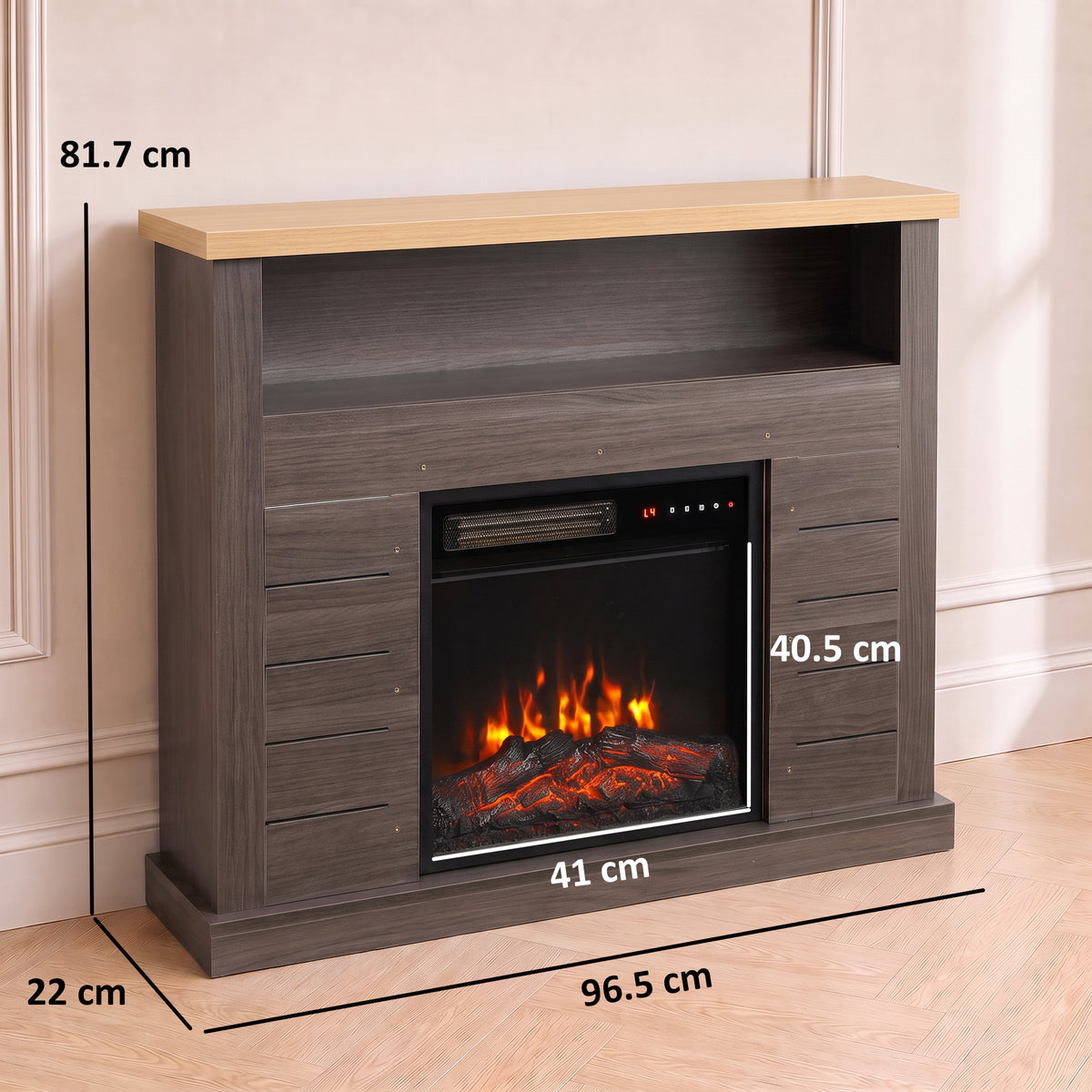 Gray electric fireplace TV stand with front flame window and open storage shelf