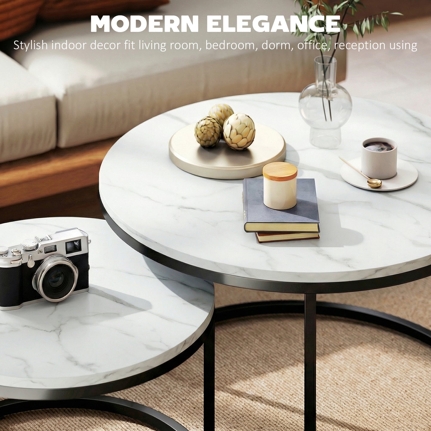 HOMCOM Marble Effect Stacking Tables Set Of Two White With Steel Bases For Space Saving Overlapping Design